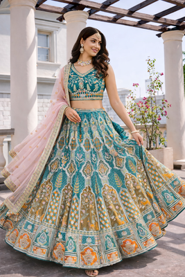 teal green simmer silk lehenga choli with dupatta 2