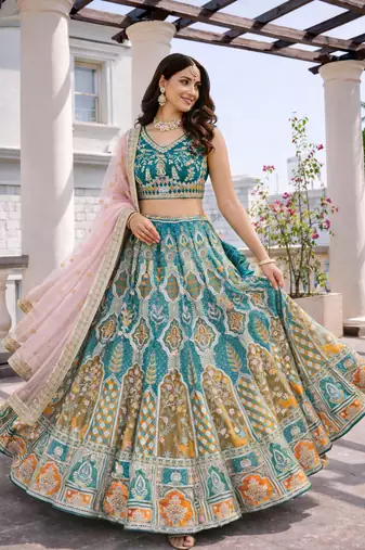 teal green simmer silk lehenga choli with dupatta