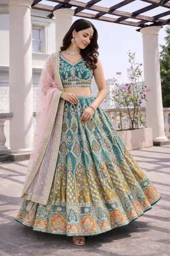 teal green simmer silk lehenga choli with dupatta