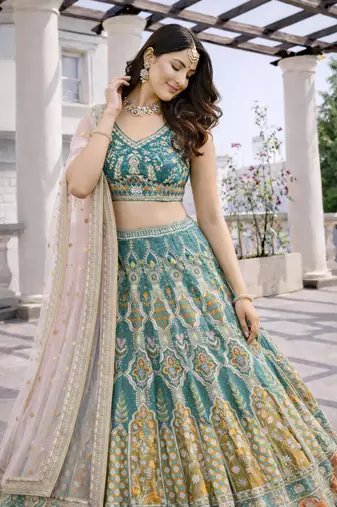 teal green simmer silk lehenga choli with dupatta