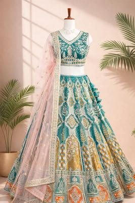 teal green simmer silk lehenga choli with dupatta 5