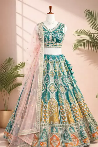 teal green simmer silk lehenga choli with dupatta