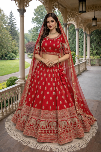 red silk zari and beads lehenga choli with dupatta