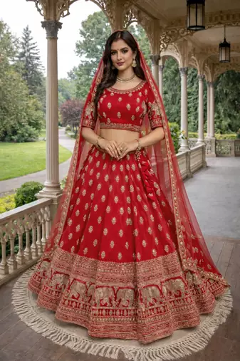 red silk zari and beads lehenga choli with dupatta