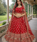 red silk zari and beads lehenga choli with dupatta