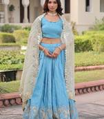 sky blue zari embroidered crushed lehenga set choli with dupatta