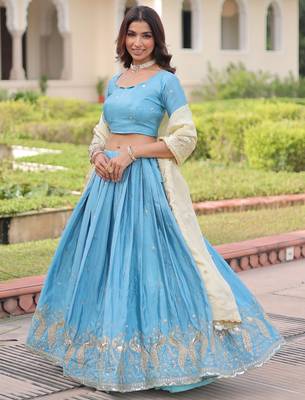  sky blue zari embroidered crushed lehenga set choli with dupatta 2