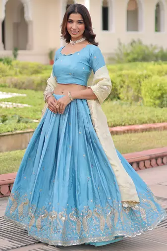  sky blue zari embroidered crushed lehenga set choli with dupatta