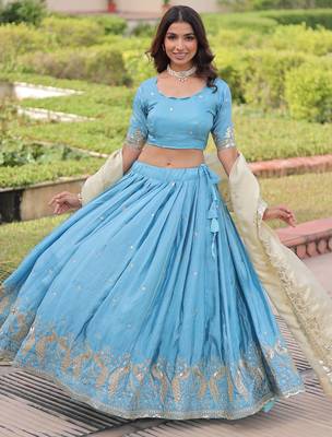  sky blue zari embroidered crushed lehenga set choli with dupatta 3