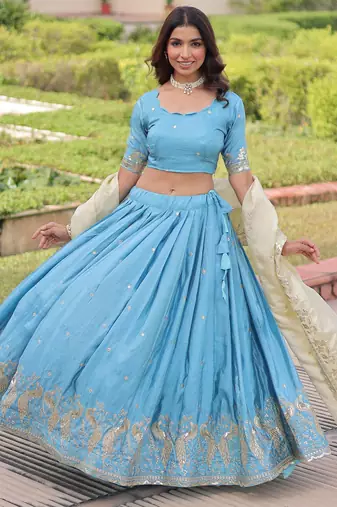  sky blue zari embroidered crushed lehenga set choli with dupatta