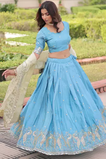  sky blue zari embroidered crushed lehenga set choli with dupatta
