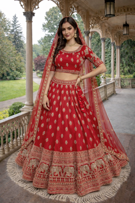 red silk zari and beads lehenga choli with dupatta 2