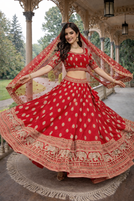 red silk zari and beads lehenga choli with dupatta 3