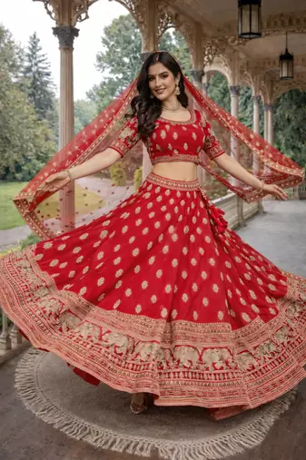 red silk zari and beads lehenga choli with dupatta