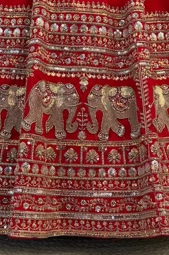 red silk zari and beads lehenga choli with dupatta