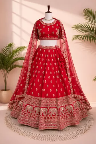 red silk zari and beads lehenga choli with dupatta
