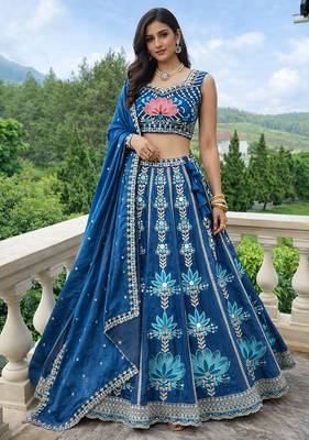 royal blue mirror work fendi silk lehenga choli with dupatta 1