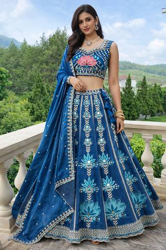 royal blue mirror work fendi silk lehenga choli with dupatta