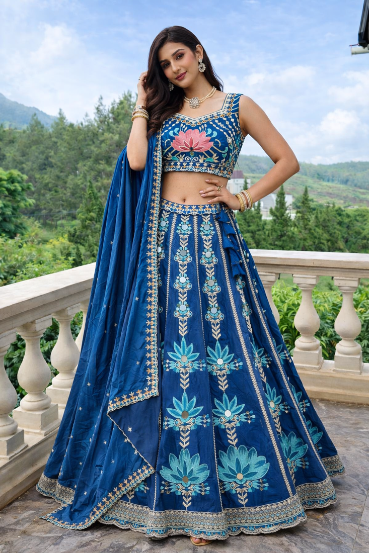 royal blue mirror work fendi silk lehenga choli with dupatta