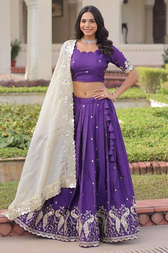 purple zari embroidered crushed festive lehenga set choli with dupatta