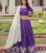 purple zari embroidered crushed festive lehenga set choli with dupatta