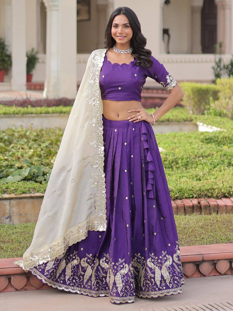 purple zari embroidered crushed festive lehenga set choli with dupatta