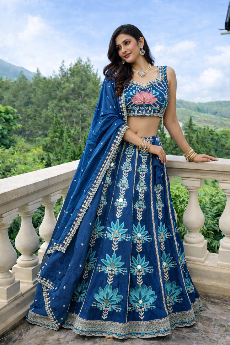 royal blue mirror work fendi silk lehenga choli with dupatta