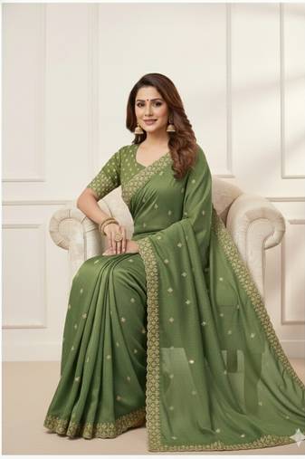 New Georgette Beautiful Val Sequence Embroidered C Pallu Work Saree With Blouse Set