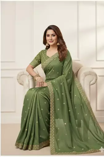 New Georgette Beautiful Val Sequence Embroidered C Pallu Work Saree With Blouse Set