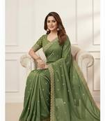 New Georgette Beautiful Val Sequence Embroidered C Pallu Work Saree With Blouse Set