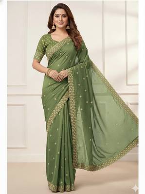 green georgette sequin embroidered saree with blouse 2