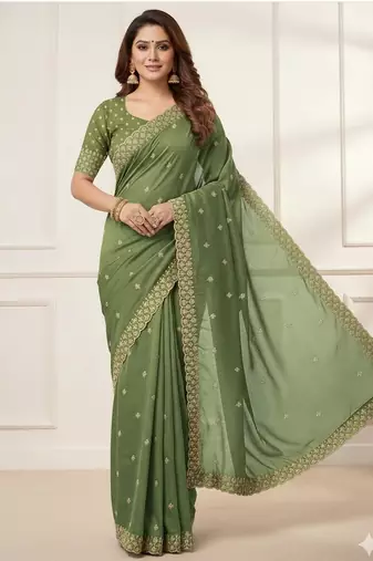 green georgette sequin embroidered saree with blouse