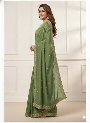 green georgette sequin embroidered saree with blouse 3