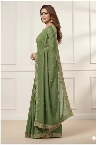 green georgette sequin embroidered saree with blouse