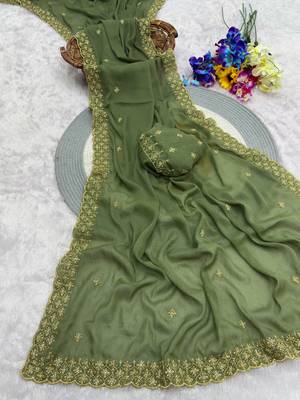 green georgette sequin embroidered saree with blouse 4