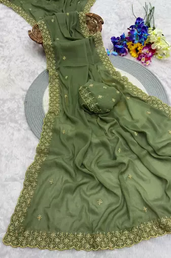 green georgette sequin embroidered saree with blouse
