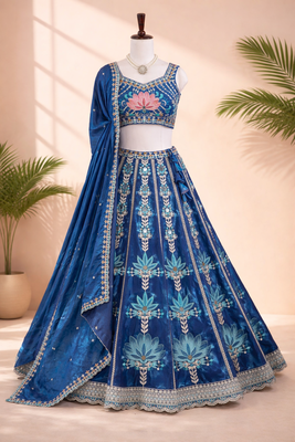 royal blue mirror work fendi silk lehenga choli with dupatta 5