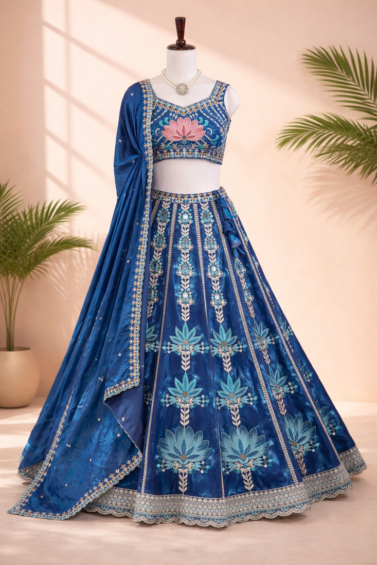 royal blue mirror work fendi silk lehenga choli with dupatta