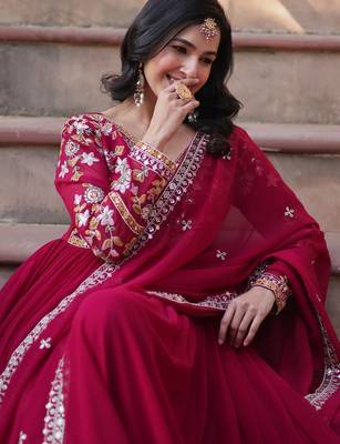 Pink faux blooming embroidery zari work gown 3