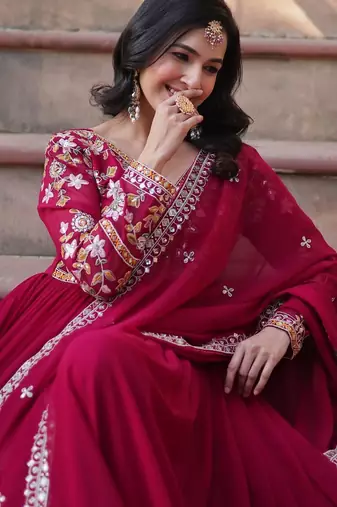 Pink faux blooming embroidery zari work gown