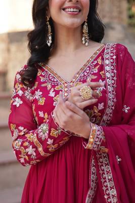 Pink faux blooming embroidery zari work gown 5