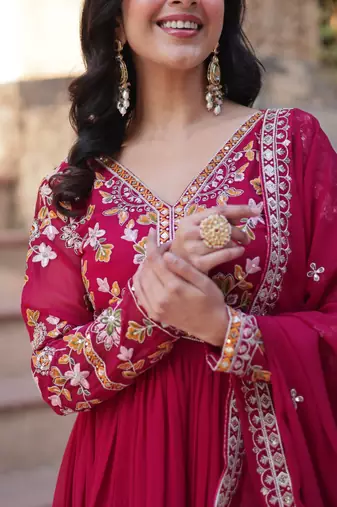 Pink faux blooming embroidery zari work gown