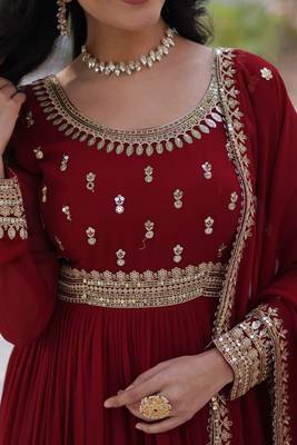 Red faux blooming anarkali gown 5