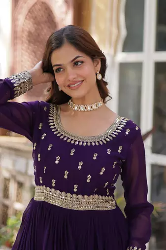 Purple faux blooming anarkali gown