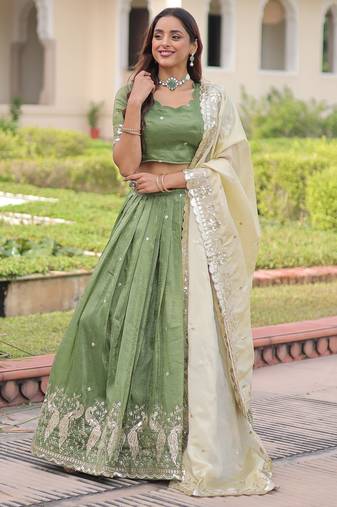 green zari embroidered crushed lehenga set choli with dupatta