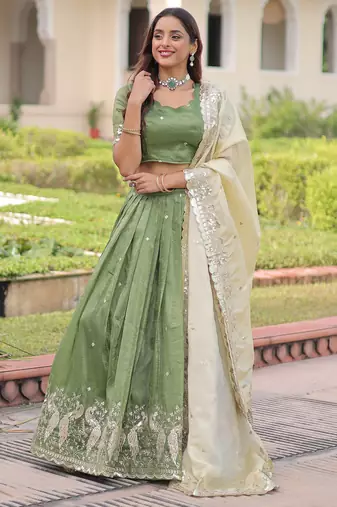 green zari embroidered crushed lehenga set choli with dupatta