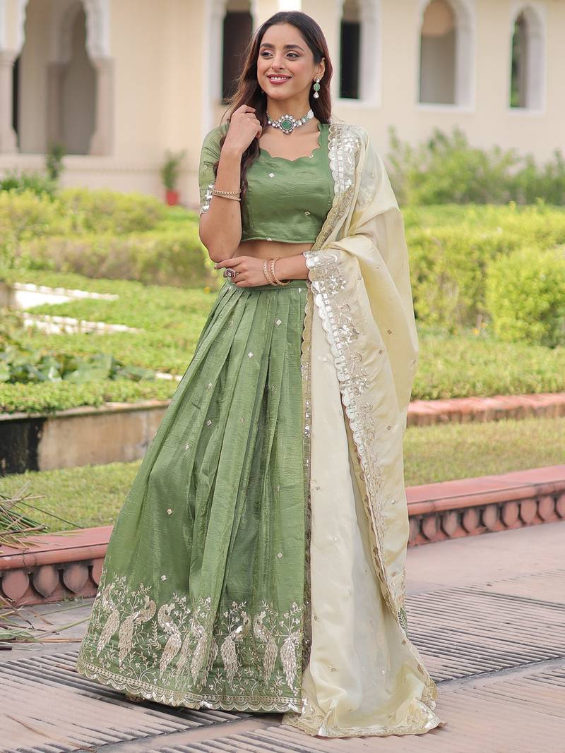 green zari embroidered crushed lehenga set choli with dupatta