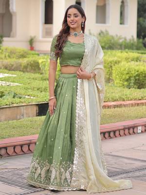 green zari embroidered crushed lehenga set choli with dupatta 2