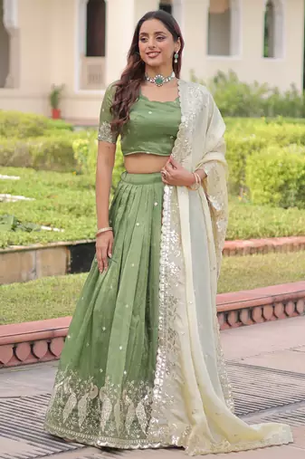 green zari embroidered crushed lehenga set choli with dupatta