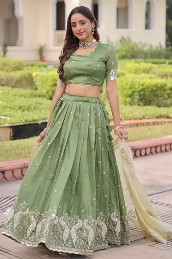 green zari embroidered crushed lehenga set choli with dupatta